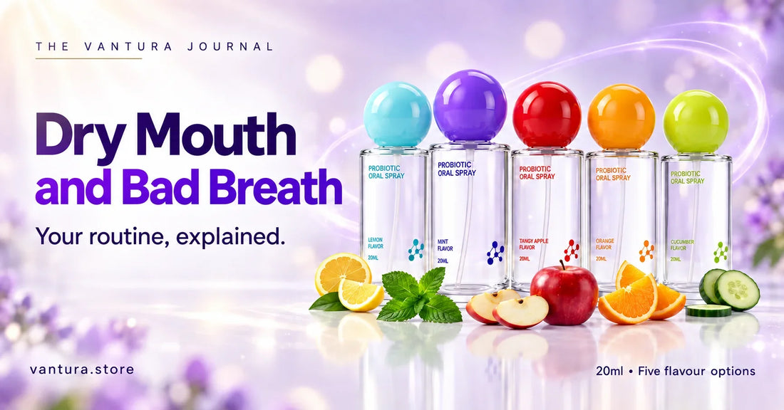 Dry Mouth and Bad Breath — Vantura Probiotic Oral Spray in five flavour options.