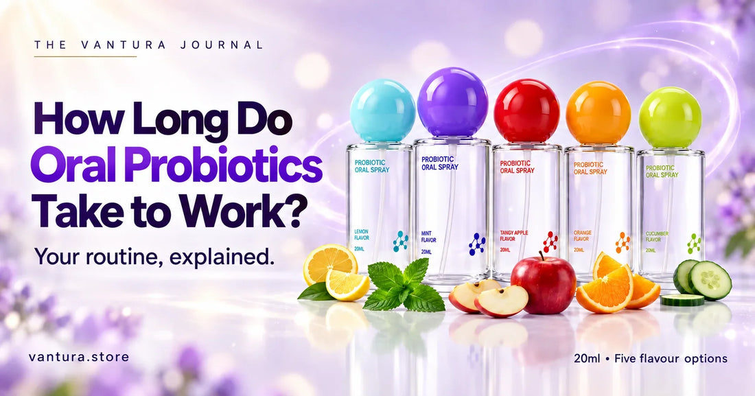 How Long Do Oral Probiotics Take to Work? — Vantura Probiotic Oral Spray in five flavour options.