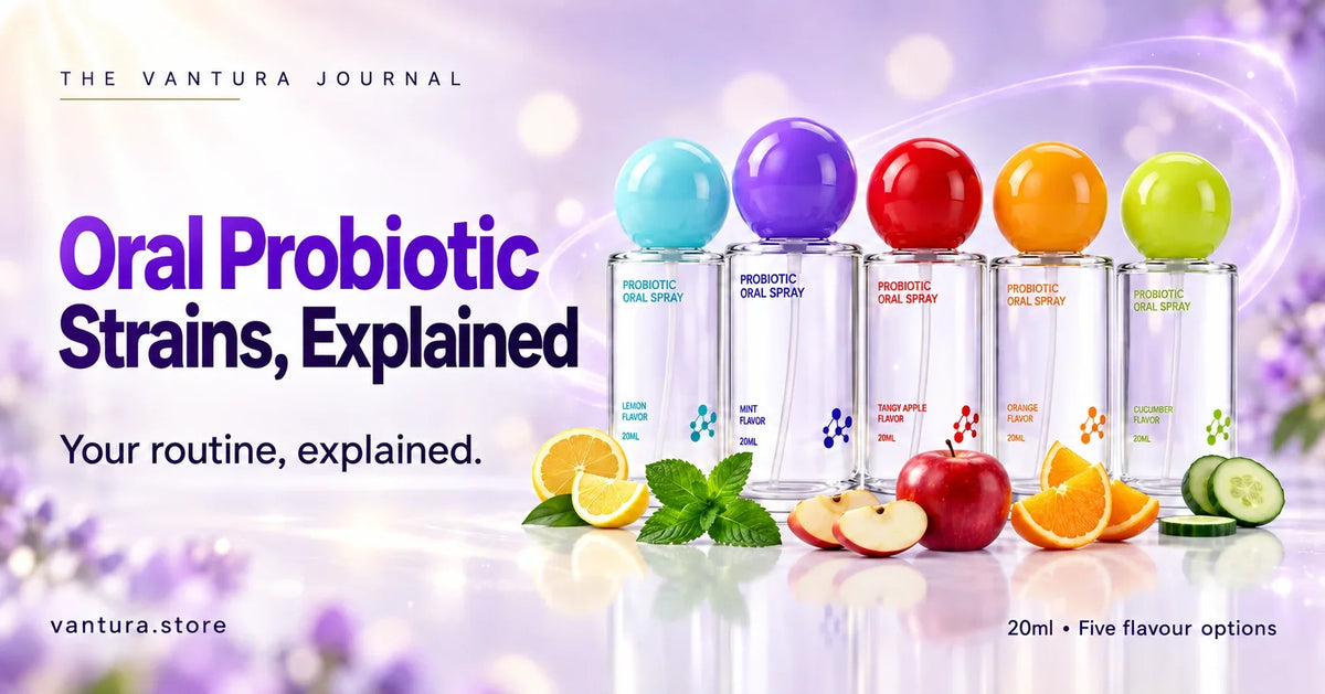 Oral Probiotic Strains, Explained — Vantura Probiotic Oral Spray in five flavour options.