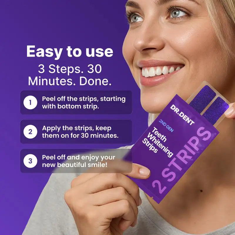 Purple whitening strips applied for 30-minute colour-correcting treatment