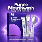 Vantura Purple Mouthwash box with tall silver Fresh Mint sachets; 20 individually wrapped sachets per pack.
