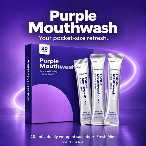 Vantura Purple Mouthwash box with tall silver Fresh Mint sachets; 20 individually wrapped sachets per pack.