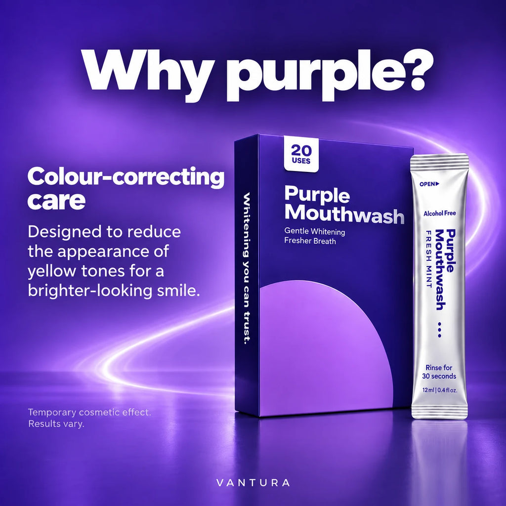 Vantura Purple Mouthwash colour-correcting care for a brighter-looking smile.