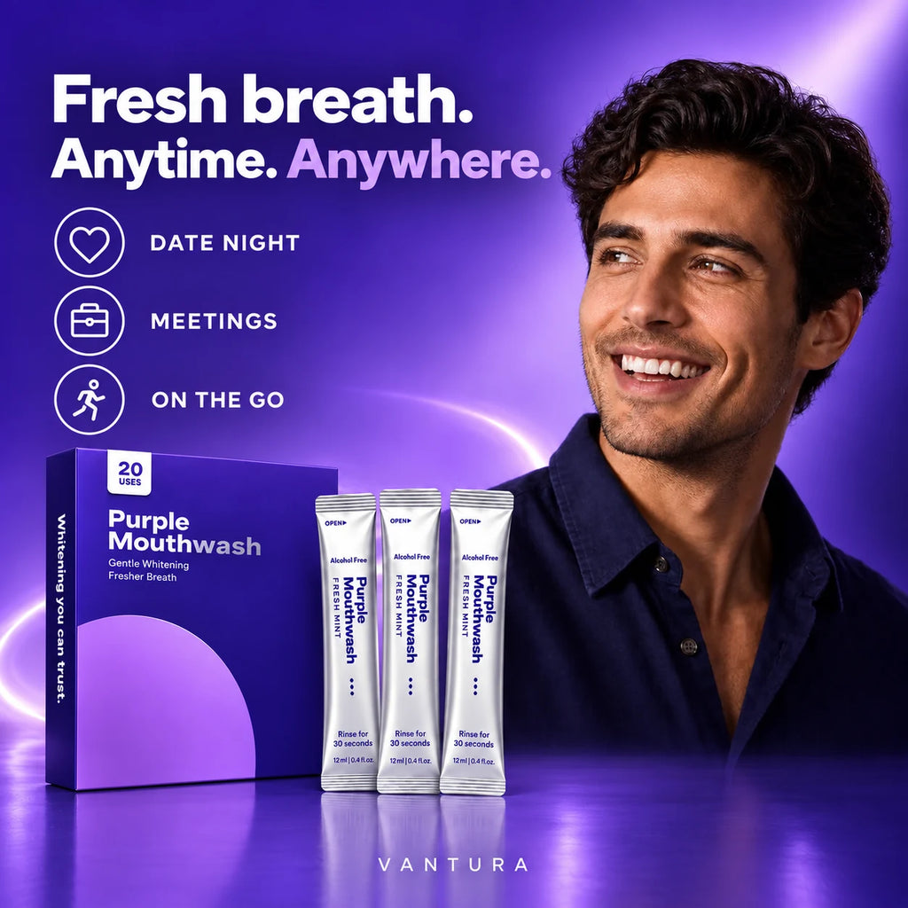 Vantura Purple Mouthwash with tall silver sachets and a smiling man; fresh breath for date nights, meetings and on the go.