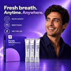 Vantura Purple Mouthwash with tall silver sachets and a smiling man; fresh breath for date nights, meetings and on the go.