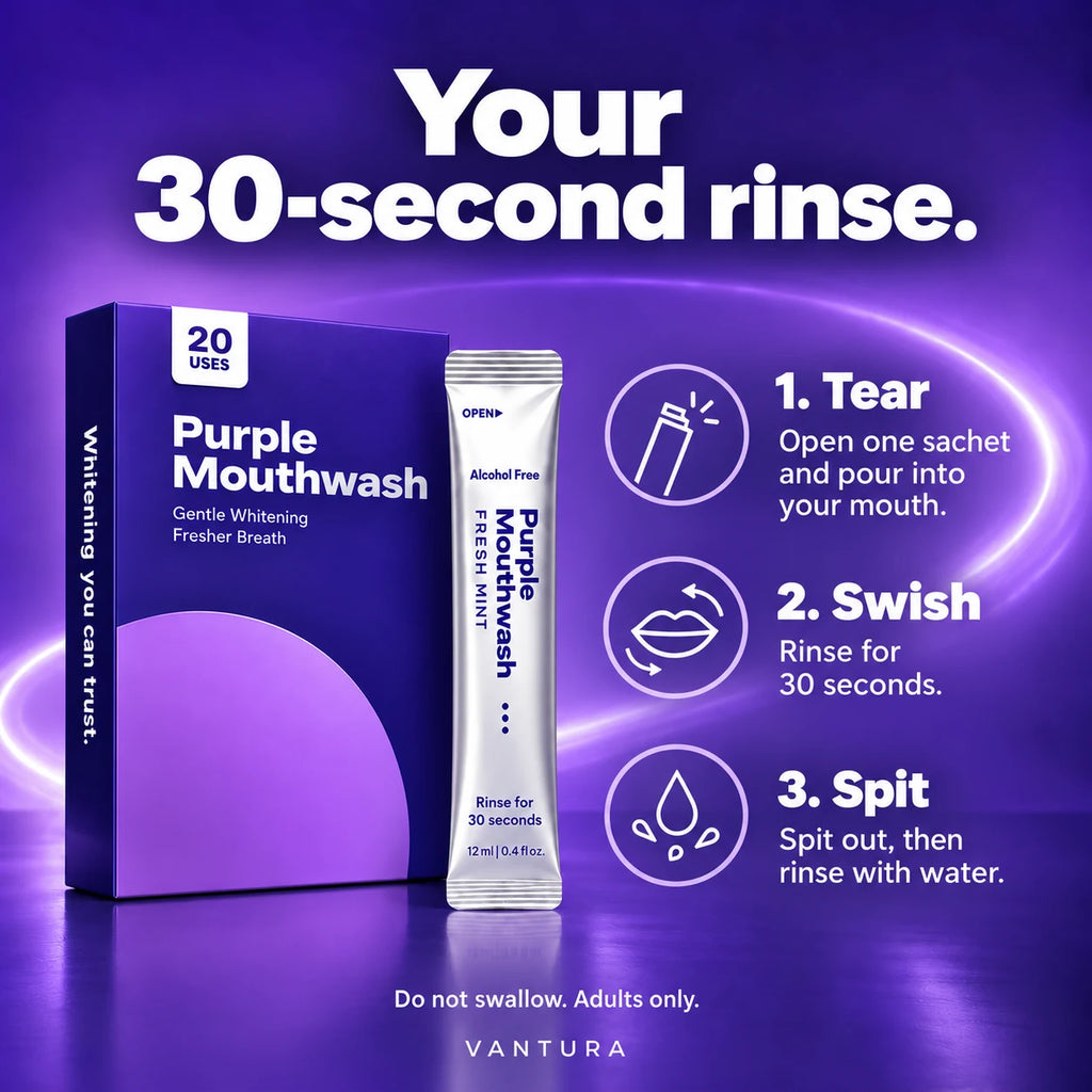 How to use Vantura Purple Mouthwash: tear one sachet, swish for 30 seconds, spit out and rinse with water.