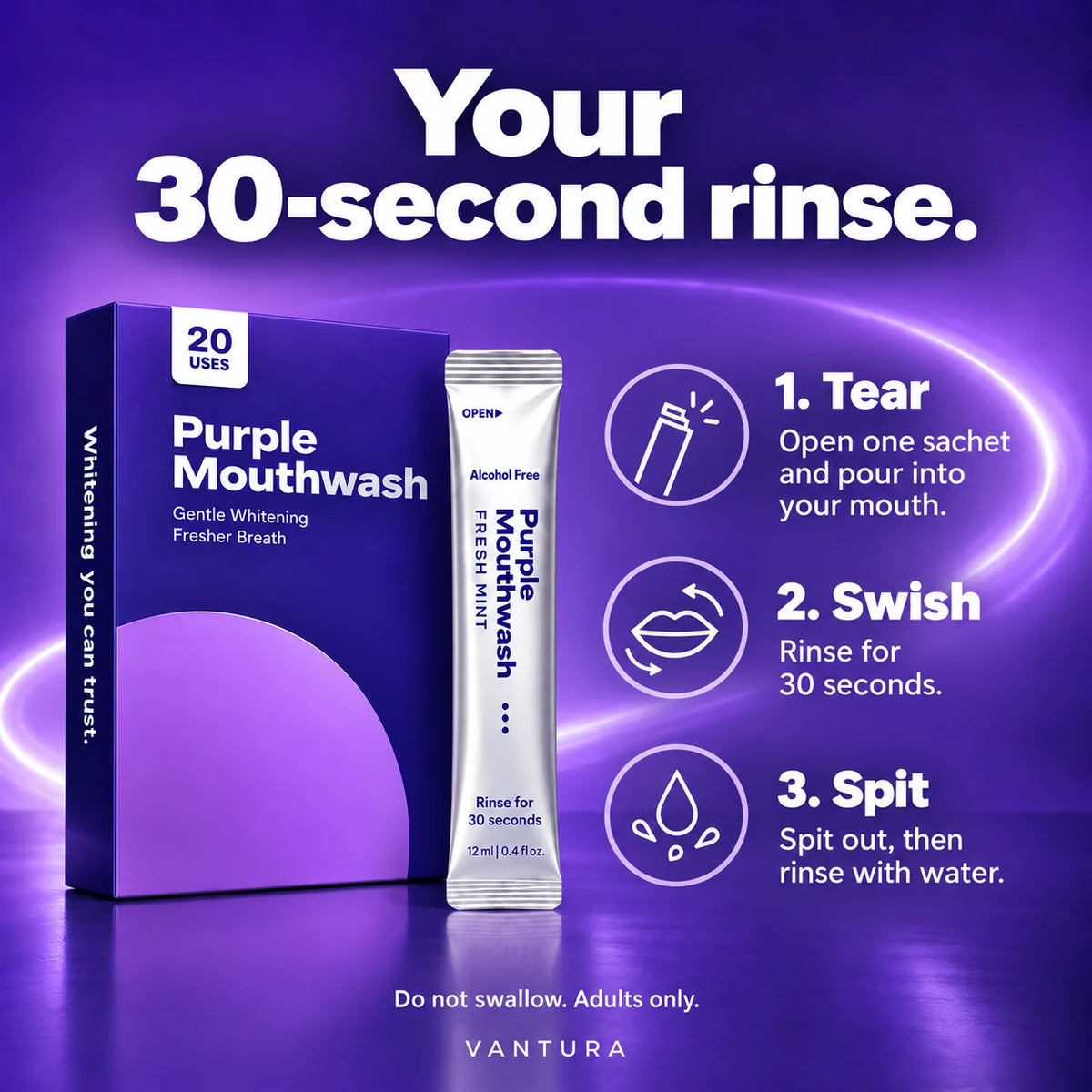 How to use Vantura Purple Mouthwash: tear one sachet, swish for 30 seconds, spit out and rinse with water.