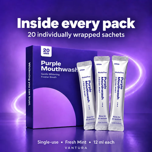 Vantura Purple Mouthwash pack with 20 individually wrapped 12 ml Fresh Mint sachets.