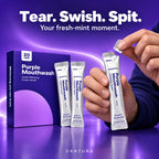Hands tearing open a tall silver Vantura Purple Mouthwash sachet.