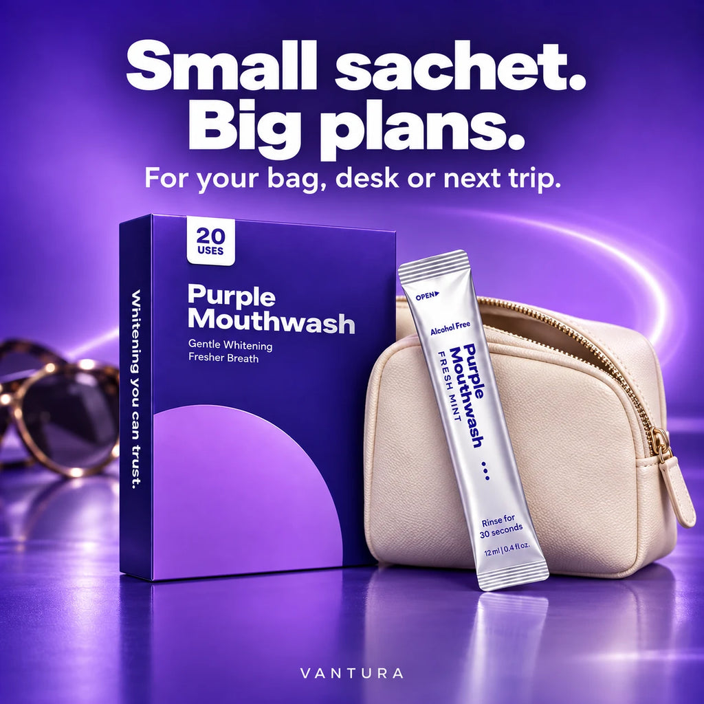 Vantura Purple Mouthwash sachet beside a cream travel pouch and purple product box.