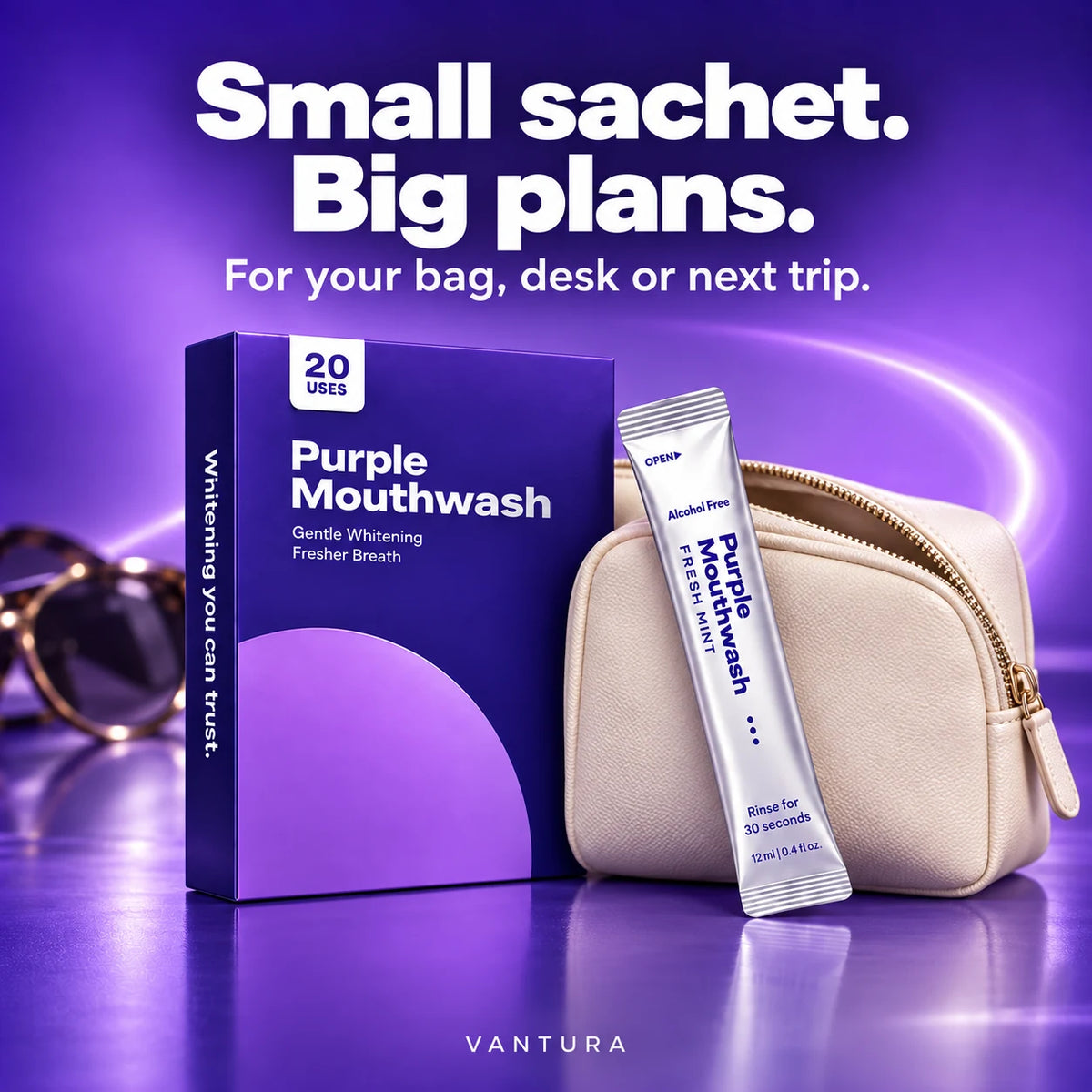 Vantura Purple Mouthwash sachet beside a cream travel pouch and purple product box.
