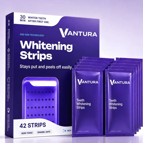 Vantura Purple Whitening Strips box and individually wrapped sachets