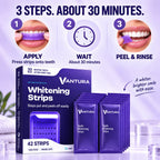 How to use Vantura Purple Whitening Strips: apply, wait about 30 minutes, peel and rinse