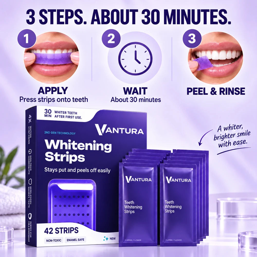 How to use Vantura Purple Whitening Strips: apply, wait about 30 minutes, peel and rinse