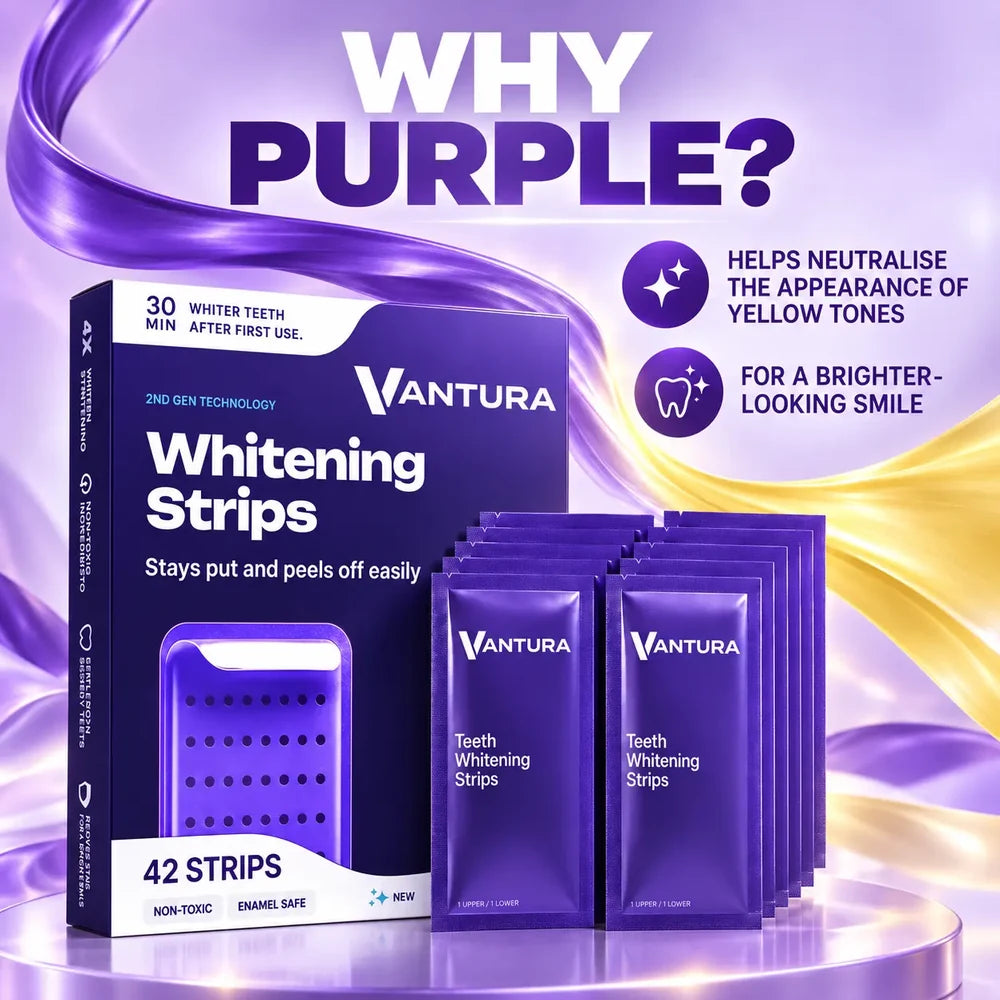Vantura Purple Whitening Strips purple colour-correction graphic